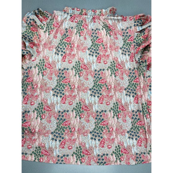 LOFT WOMEN Garden Cinched Sleeve Ruffle Tie Neck Mixed Media Top M - Picture 3 of 16
